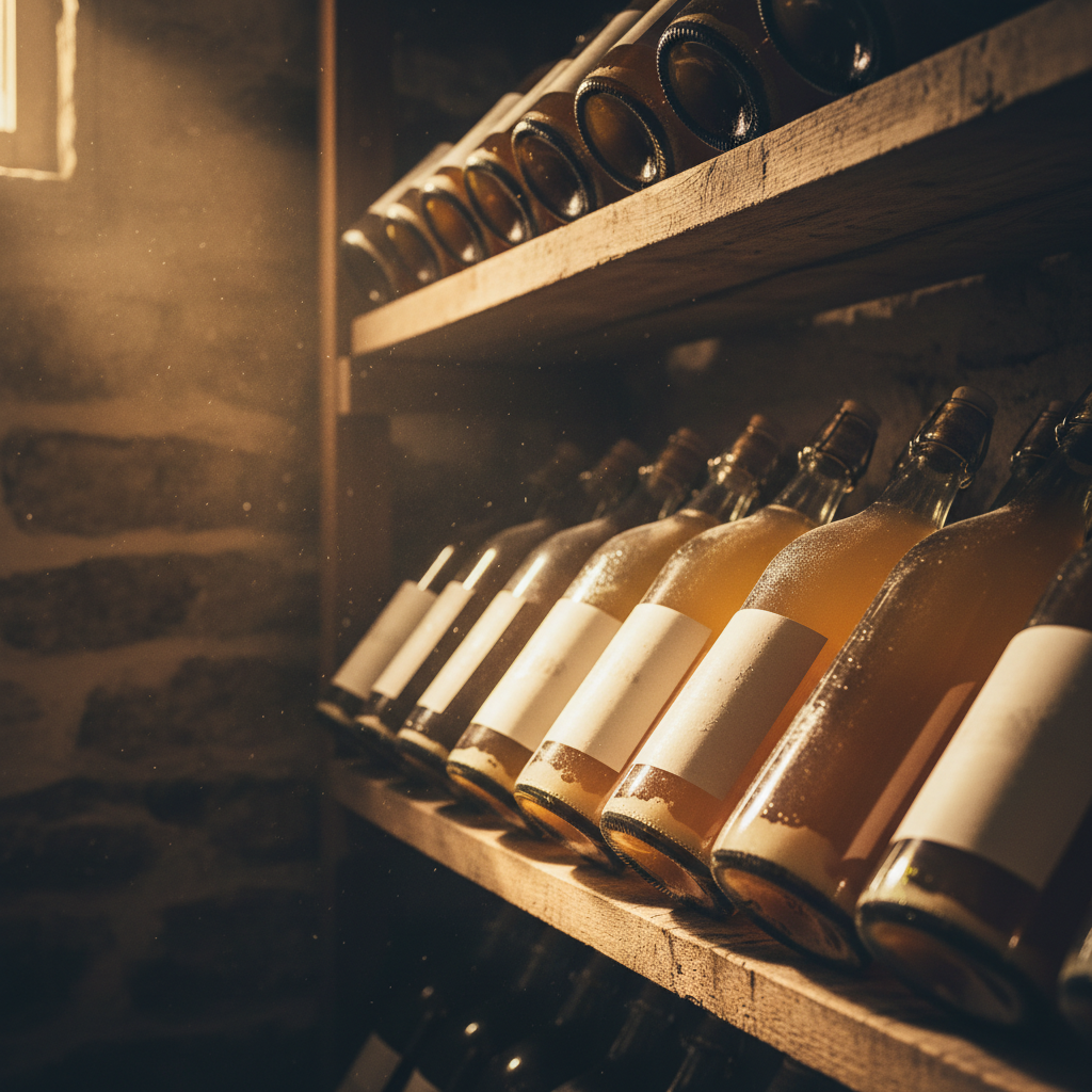 Large bottle-conditioned share bottles resting on wooden shelves in a warm conditioning room