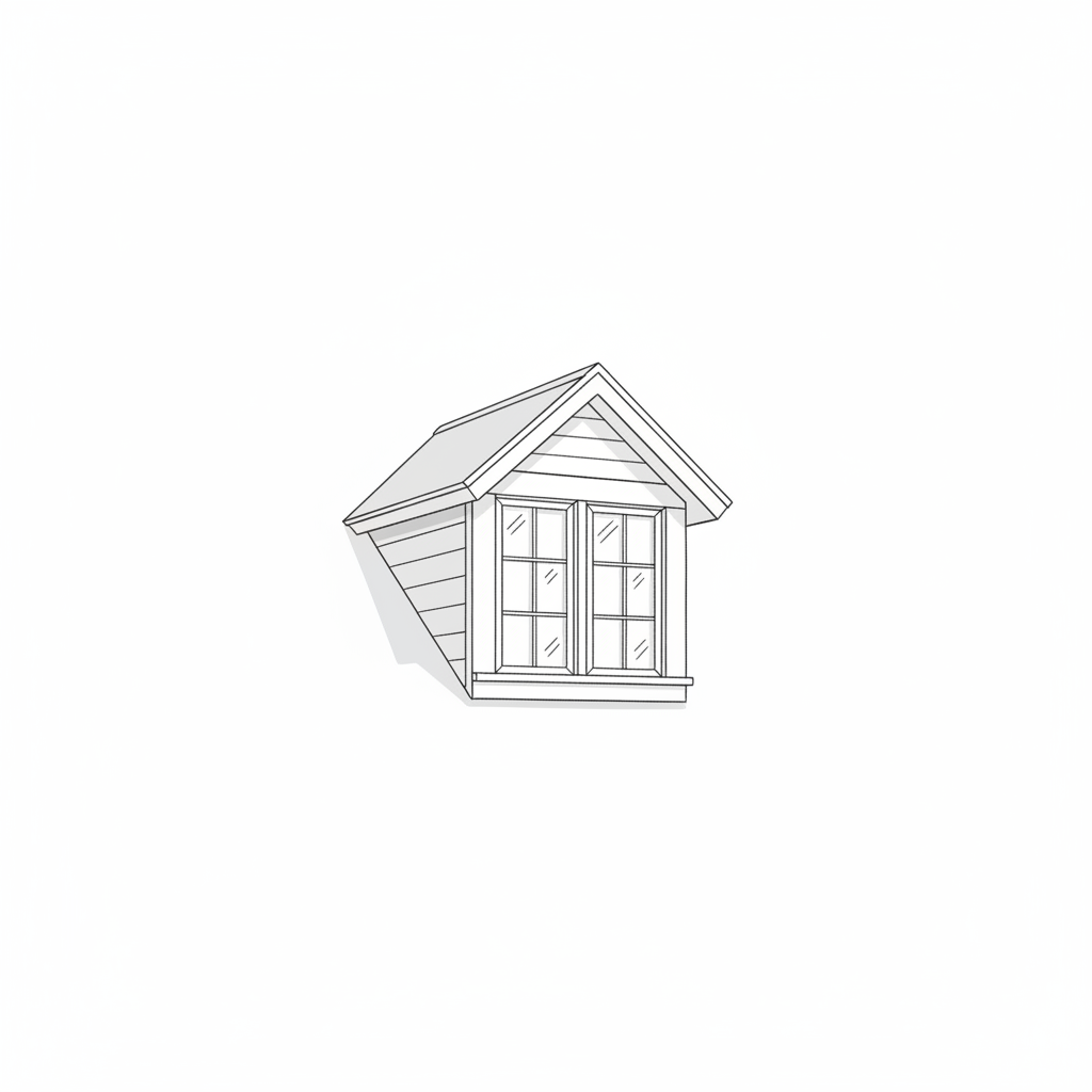 Monochrome line art illustration of a dormer window