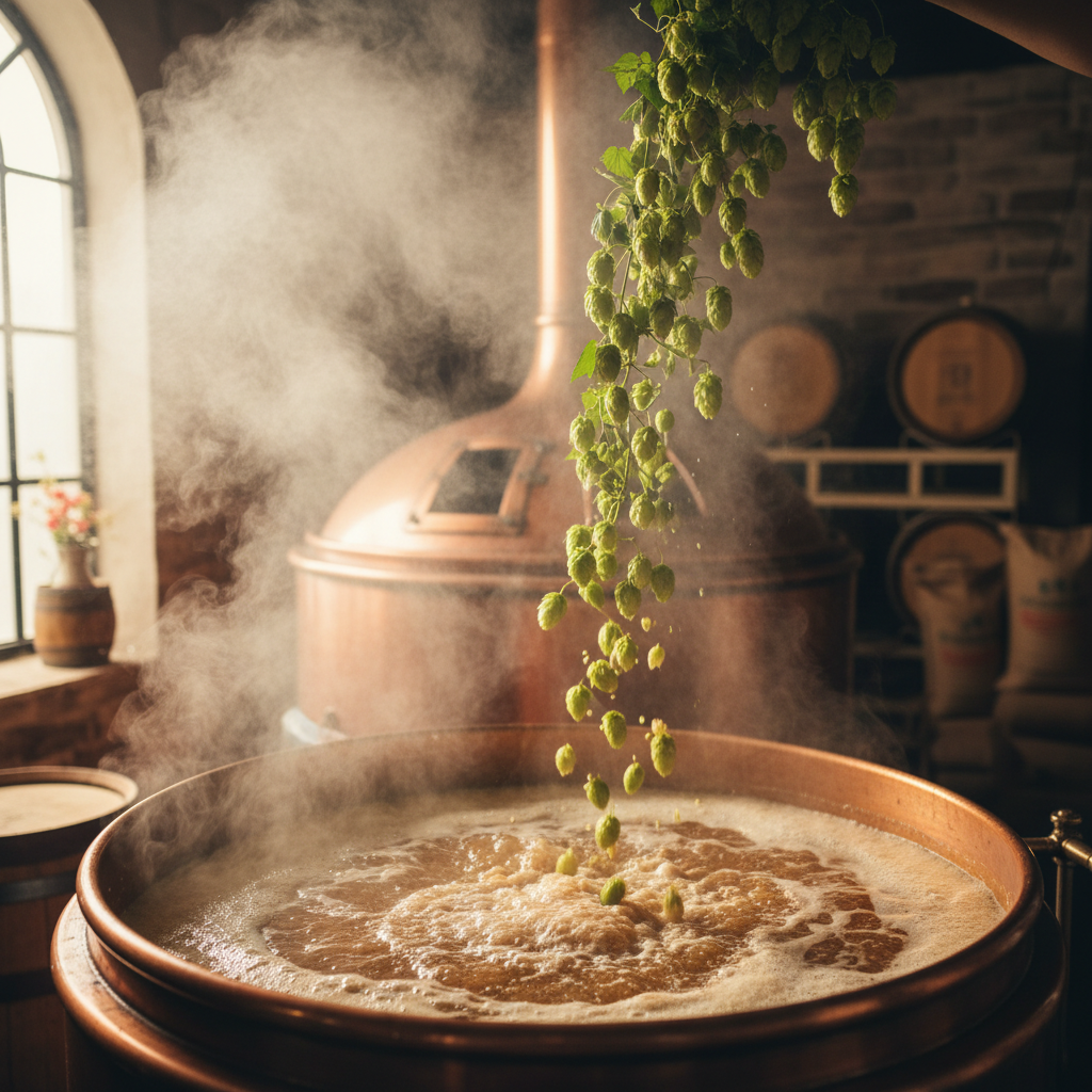 Fresh hops added to boiling wort in a copper brew kettle