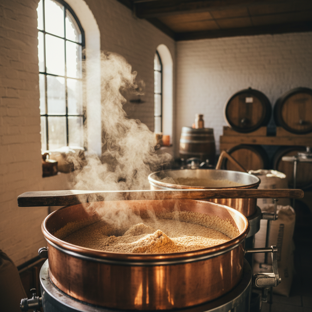 Crushed malt mashing in a copper mash tun at a small Dutch craft brewery