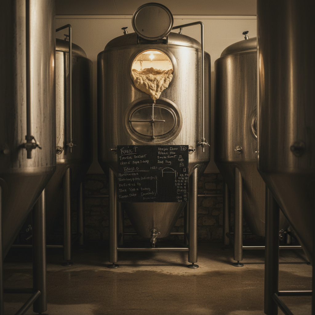 Craft beer fermenting in a stainless steel conical tank